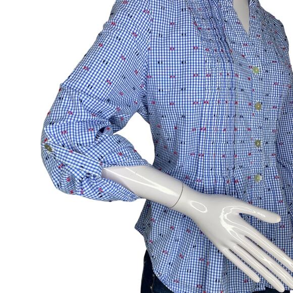 Ruby Rd. Button Down Shirt Petite Large Blue White Checkered Roll Tab Sleeves - Picture 4 of 13